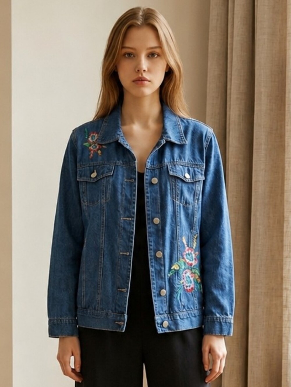 Vintage 90s Embroidered Denim Jacket Blue Floral Retro Coastal Grandma Sz Large
